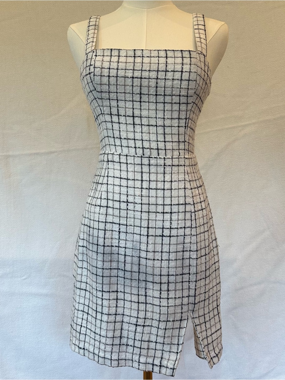 Abercrombie & Fitch White and Black Windowpane Square-Neck Mini Dress